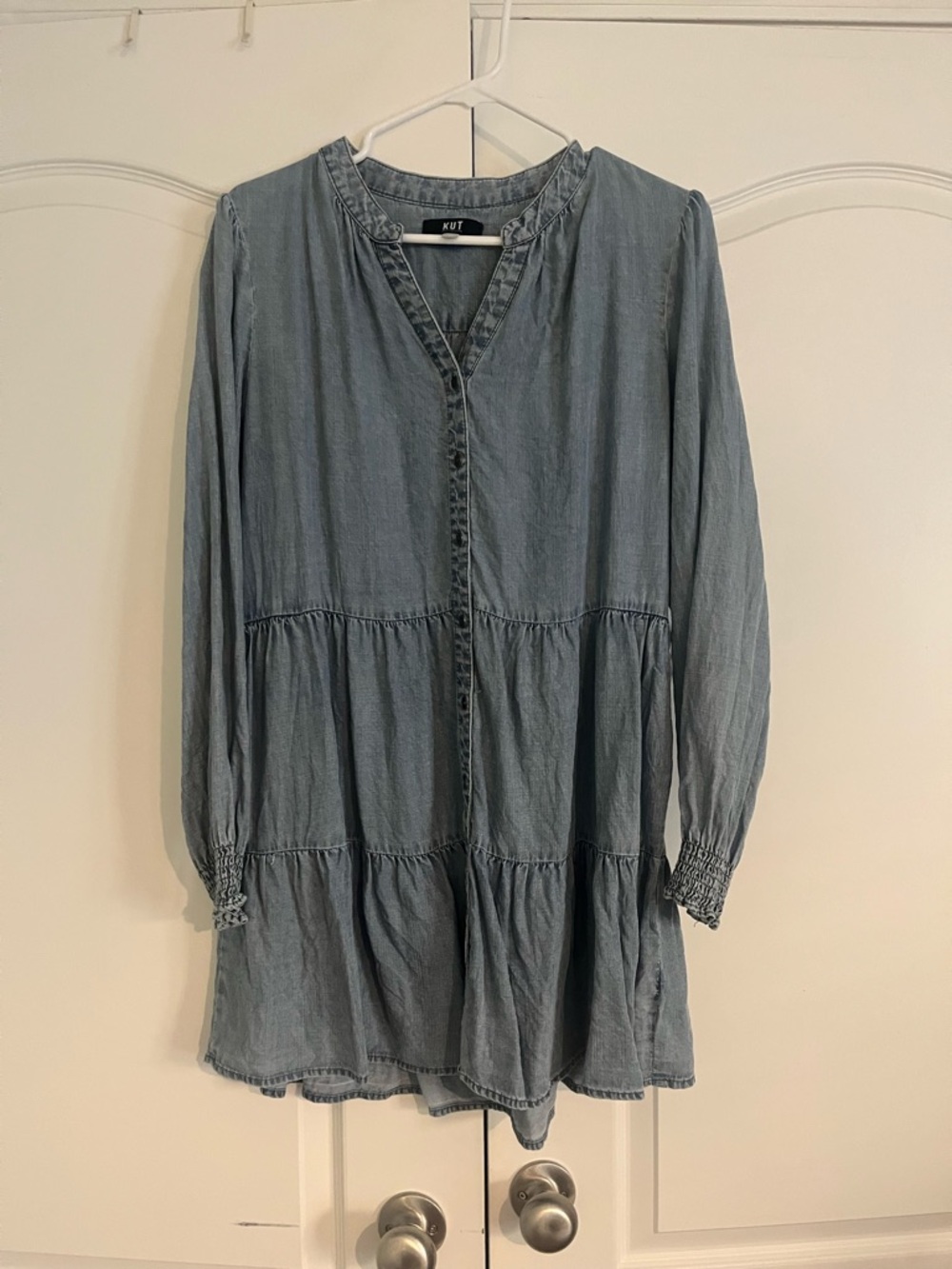 Kut from the Kloth Light Blue Denim Tiered Long Sleeve Dress
